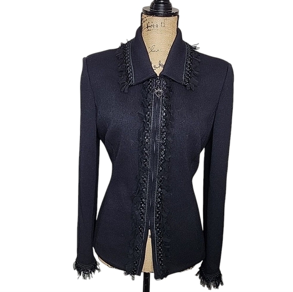 St. John Collection Knit Braided And Ruffled Zip Front Jacket.  Size 10 - Picture 3 of 12